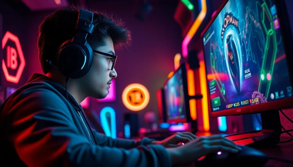 Bermain qqmacan game dengan fokus tinggi, dikelilingi oleh pencahayaan RGB yang enerjik.