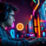 Bermain qqmacan game dengan fokus tinggi, dikelilingi oleh pencahayaan RGB yang enerjik.