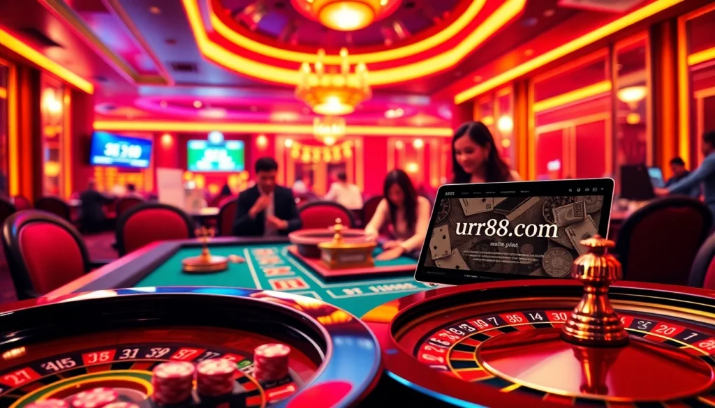 Experience high-stakes excitement at https://urr88.com/ with vibrant casino gameplay featuring a roulette wheel and poker chips.
