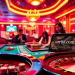 Experience high-stakes excitement at https://urr88.com/ with vibrant casino gameplay featuring a roulette wheel and poker chips.