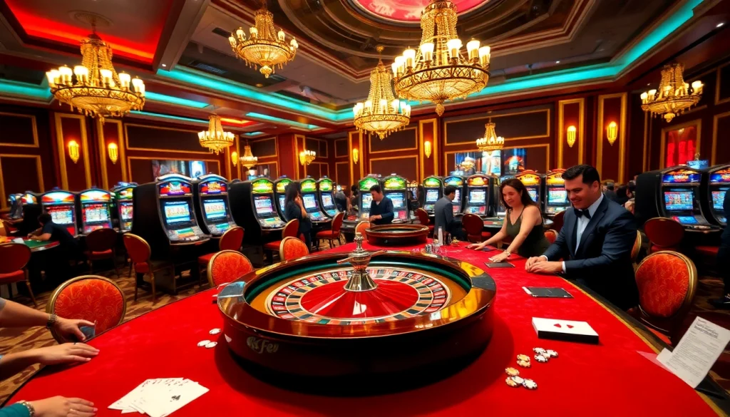 Engaged gamblers enjoying the thrill of high-stakes gambling at https://kk55.blue/ with vibrant casino visuals.