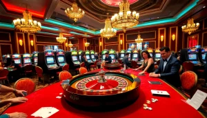 Engaged gamblers enjoying the thrill of high-stakes gambling at https://kk55.blue/ with vibrant casino visuals.