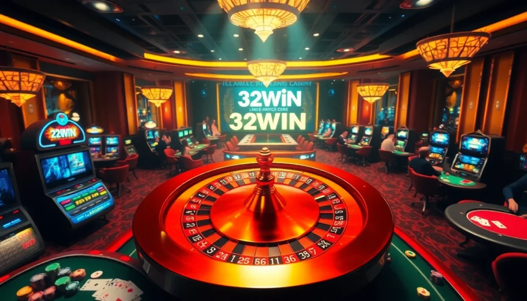 Engage with thrilling gameplay at 32WIN Link casino featuring poker tables and slot machines.