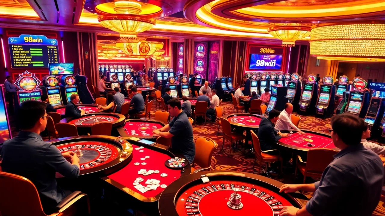 Players engaging in exciting roulette and poker games at 98win's vibrant casino floor.