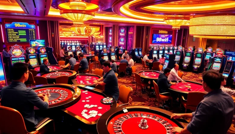 Players engaging in exciting roulette and poker games at 98win's vibrant casino floor.