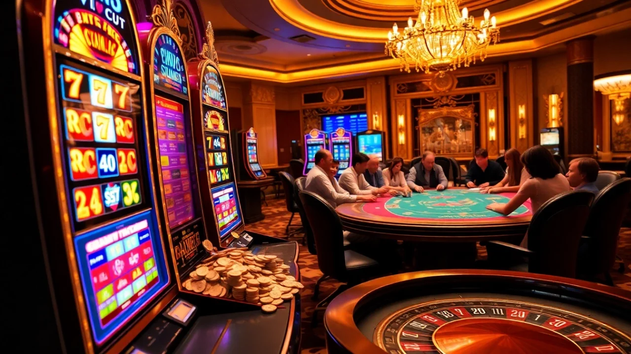 Spin the reels at BK8 สล็อต in a luxurious casino filled with vibrant slot machines.
