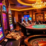 Spin the reels at BK8 สล็อต in a luxurious casino filled with vibrant slot machines.