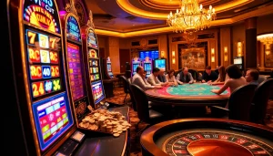 Spin the reels at BK8 สล็อต in a luxurious casino filled with vibrant slot machines.