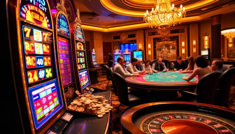 Spin the reels at BK8 สล็อต in a luxurious casino filled with vibrant slot machines.