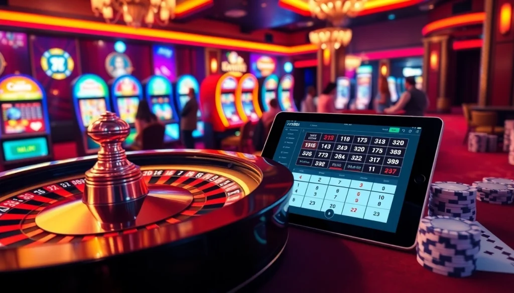Experience the excitement of gaming at xx88.promo with vibrant slot machines and a thrilling roulette table.