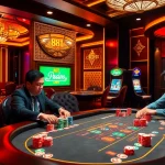 A thrilling poker game scene at 88i nhà cái showcasing professional players, vibrant casino lighting, and emblematic gambling elements.