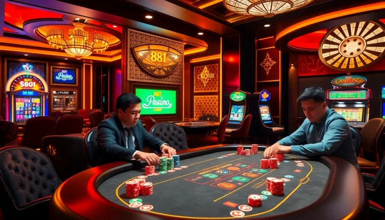 A thrilling poker game scene at 88i nhà cái showcasing professional players, vibrant casino lighting, and emblematic gambling elements.