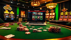 הנאה ממשחק מרגש עם רמי אונליין על שולחן קזינו יוקרתי, מוקף בצ'יפים וקלפים.