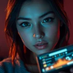 AI nsfw character in an inviting, warm-lit room, emphasizing modern intimacy and digital engagement.