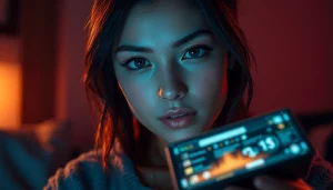 AI nsfw character in an inviting, warm-lit room, emphasizing modern intimacy and digital engagement.
