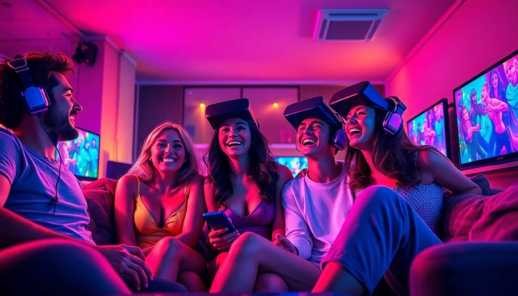 Players enjoying sex games in a vibrant gaming lounge with modern decor.