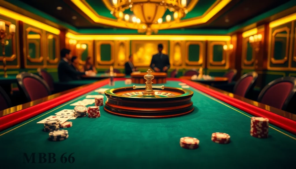 Experience intense gameplay at an MB 66 casino table with poker chips and a roulette wheel.