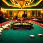 Experience intense gameplay at an MB 66 casino table with poker chips and a roulette wheel.