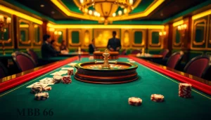 Experience intense gameplay at an MB 66 casino table with poker chips and a roulette wheel.