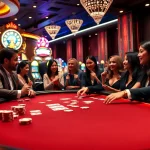Engage in MK 8 poker with an elegant casino backdrop of vibrant slot machines and excited players.
