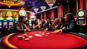 Engage in MK 8 poker with an elegant casino backdrop of vibrant slot machines and excited players.