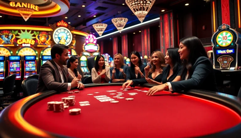 Engage in MK 8 poker with an elegant casino backdrop of vibrant slot machines and excited players.