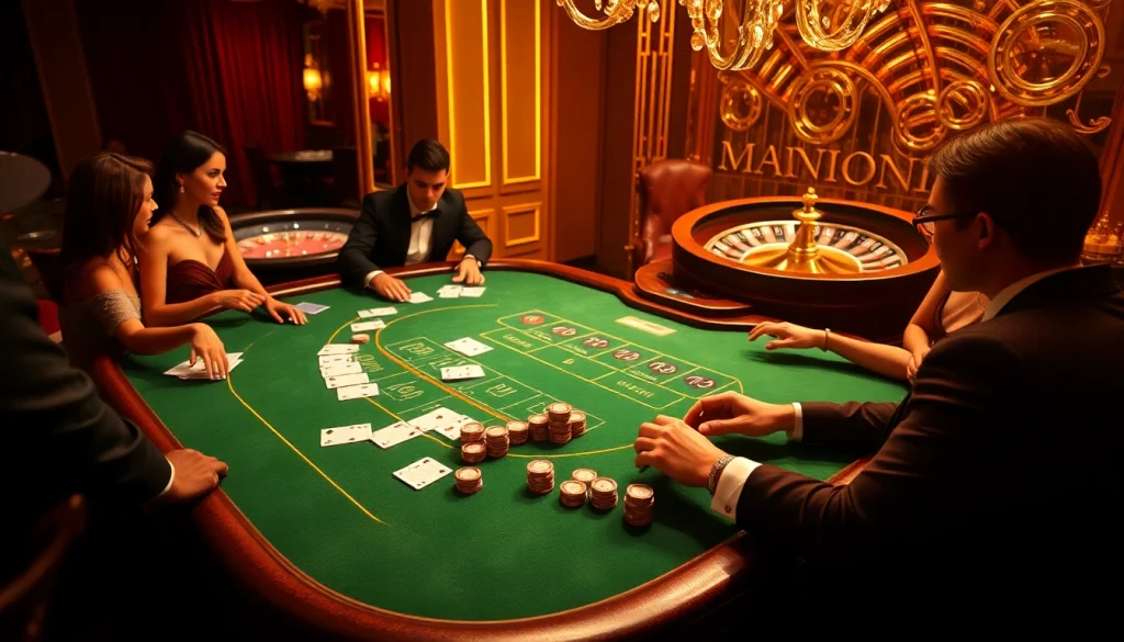 Engaged players at a blackjack table in a luxurious casino setting on https://1haywin.us.com/ showcasing excitement and strategy.