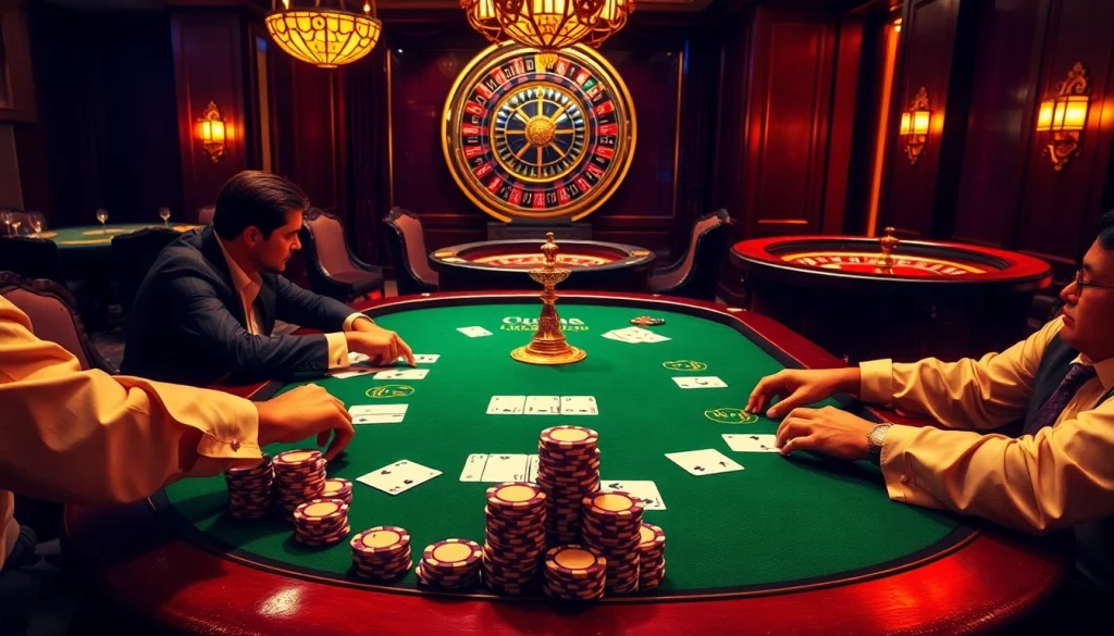 Exciting poker game scene highlighting u888's luxurious casino atmosphere with poker chips and cards.