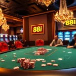 Exciting gambling scene at 88i casino featuring a high-stakes poker game with vibrant chips and cards.