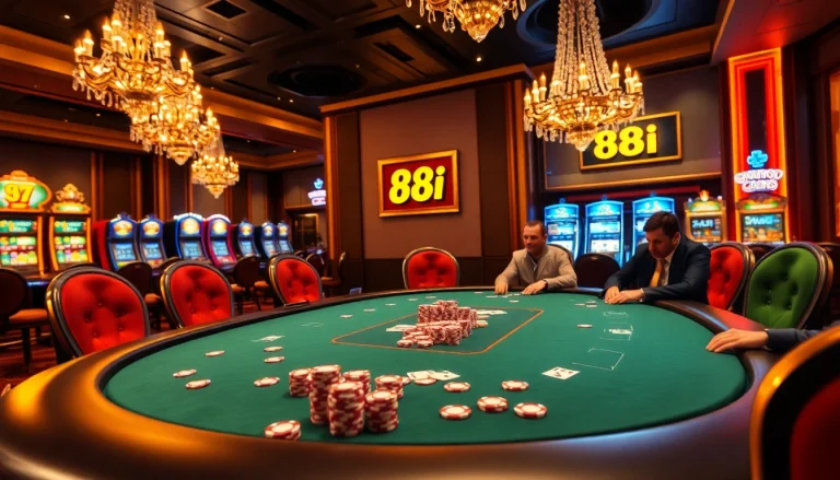 Exciting gambling scene at 88i casino featuring a high-stakes poker game with vibrant chips and cards.