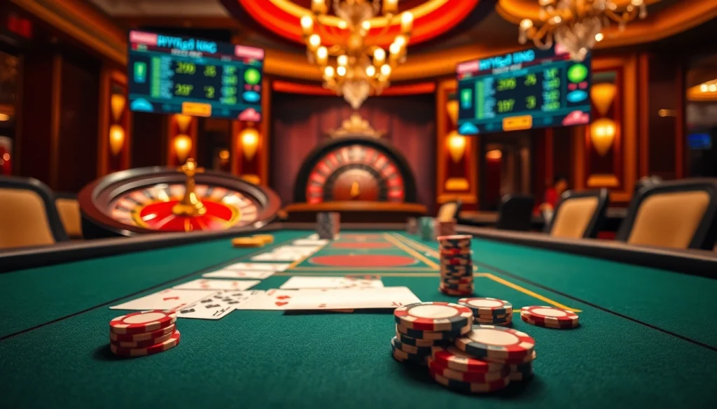 Engaging players at the 79 king casino table showcasing vibrant poker chips and cards.