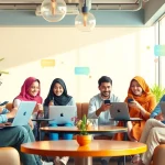 بيئة دردشة عبر الإنترنت تفاعلية تُظهر شات الرياض مع مجموعة من الشباب المتنوعين يتواصلون في مقهى حديث.