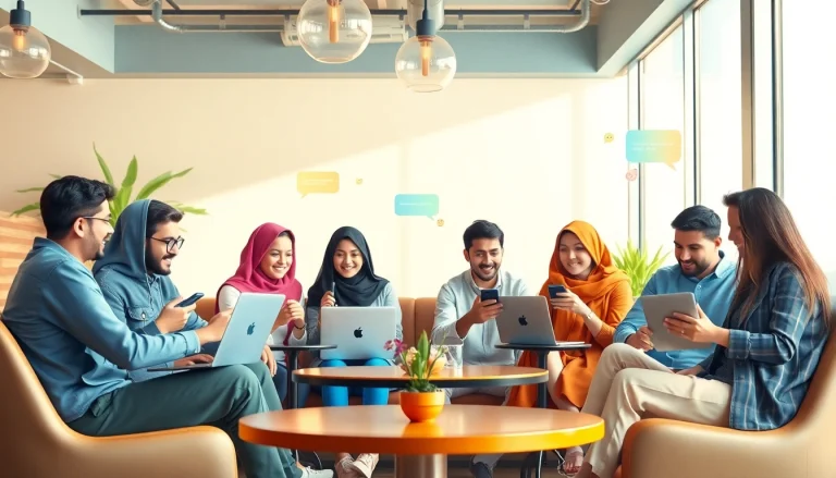 بيئة دردشة عبر الإنترنت تفاعلية تُظهر شات الرياض مع مجموعة من الشباب المتنوعين يتواصلون في مقهى حديث.