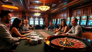 Excited players engaging in casino games at bl555.link with vibrant poker table setup.