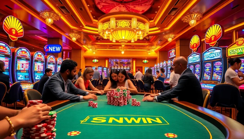 Players enjoying an exciting game at a Sunwin casino, surrounded by vibrant slots and poker tables.