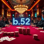 Exciting poker game with b52 theme, showcasing glamorous casino elements and professional gamblers in action.