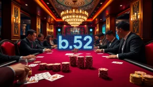 Exciting poker game with b52 theme, showcasing glamorous casino elements and professional gamblers in action.