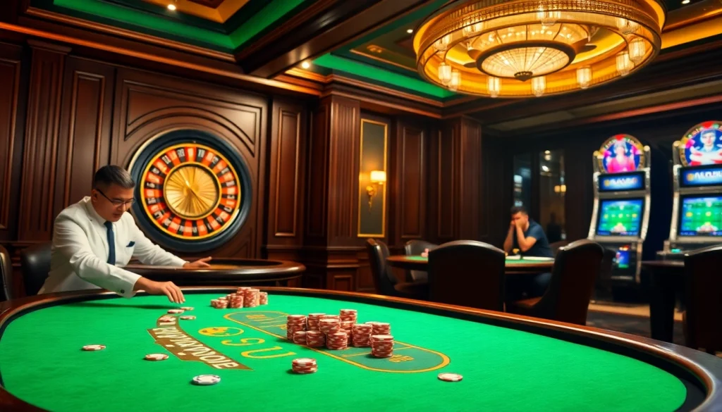 Experience the thrill of gaming at a luxurious trang chủ 789club casino table with poker chips and roulette.