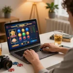 Engaged player enjoying situs slot gacor on laptop, showcasing cozy home gaming setup for responsible gambling.