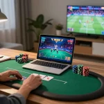 Person engaging intensely with cm88 com poker game on laptop, chips and strategy notes nearby in cozy home setup.