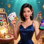 Engage with go88's vibrant casino excitement featuring a stunning woman showcasing her winning strategy.