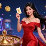 Experience idn slot excitement with a glamorous young woman and golden roulette wheel.