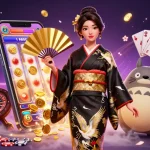 Experience สล็อตทดลอง with an elegant Asian woman and wise tanuki amid golden coins and slot games.