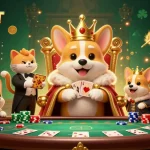 Experience thrilling games at UFABET, featuring a royal corgi king and poker elements in a vibrant casino scene.