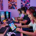 Gamers enjoying hentai games on multiple devices in a vibrant setup