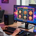 Exciting gaming setup showcasing new online casinos with player immersed in vibrant slot game.