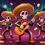 Experience the excitement of winstrike69 with our vibrant 3D cartoon skeleton mariachi band amidst festive casino elements!
