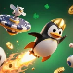 Engage with yaar win game strategies under a vibrant cosmic backdrop featuring a golden penguin and dynamic sports elements.