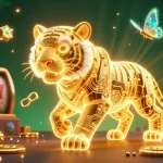 Engage with the exciting tg88 digital casino experience, featuring a golden tiger amidst vibrant slot symbols and cryptocurrency elements.