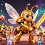 Engage in thrilling gaming with Sunwin Official, a dynamic 3D illustration showcasing a golden hornet samurai leading a team of bee archers.